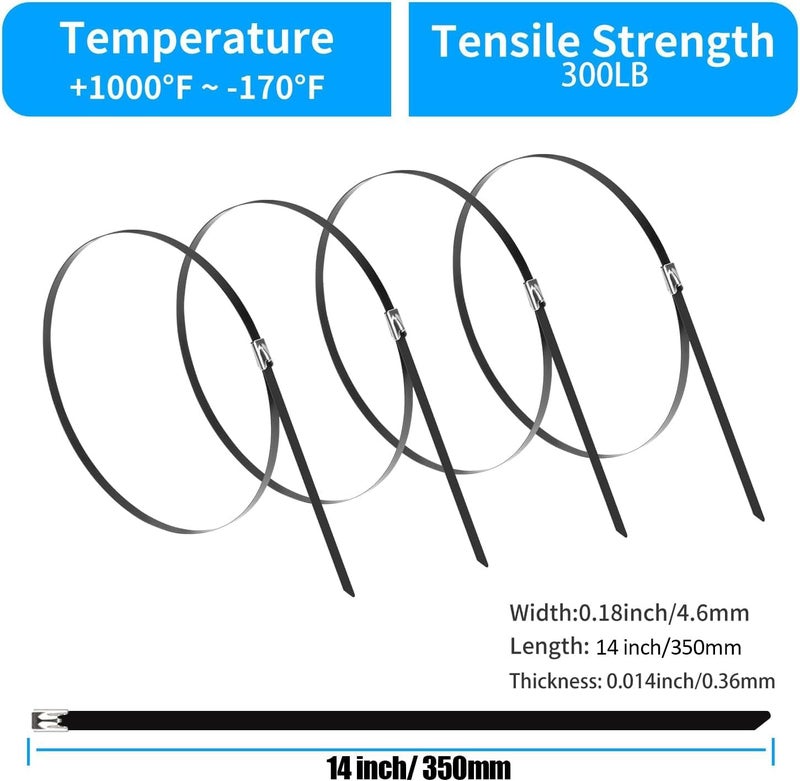 XINGO 14 inch Metal Zip Ties (100 Pack), 304 Stainless Steel Heavy Duty Zip Ties, 300lbs Tensile Strength, Multi-Purpose Self-locking Cable Ties for Exhaust Wrap, Outdoor and Canopy Etc - Image 2